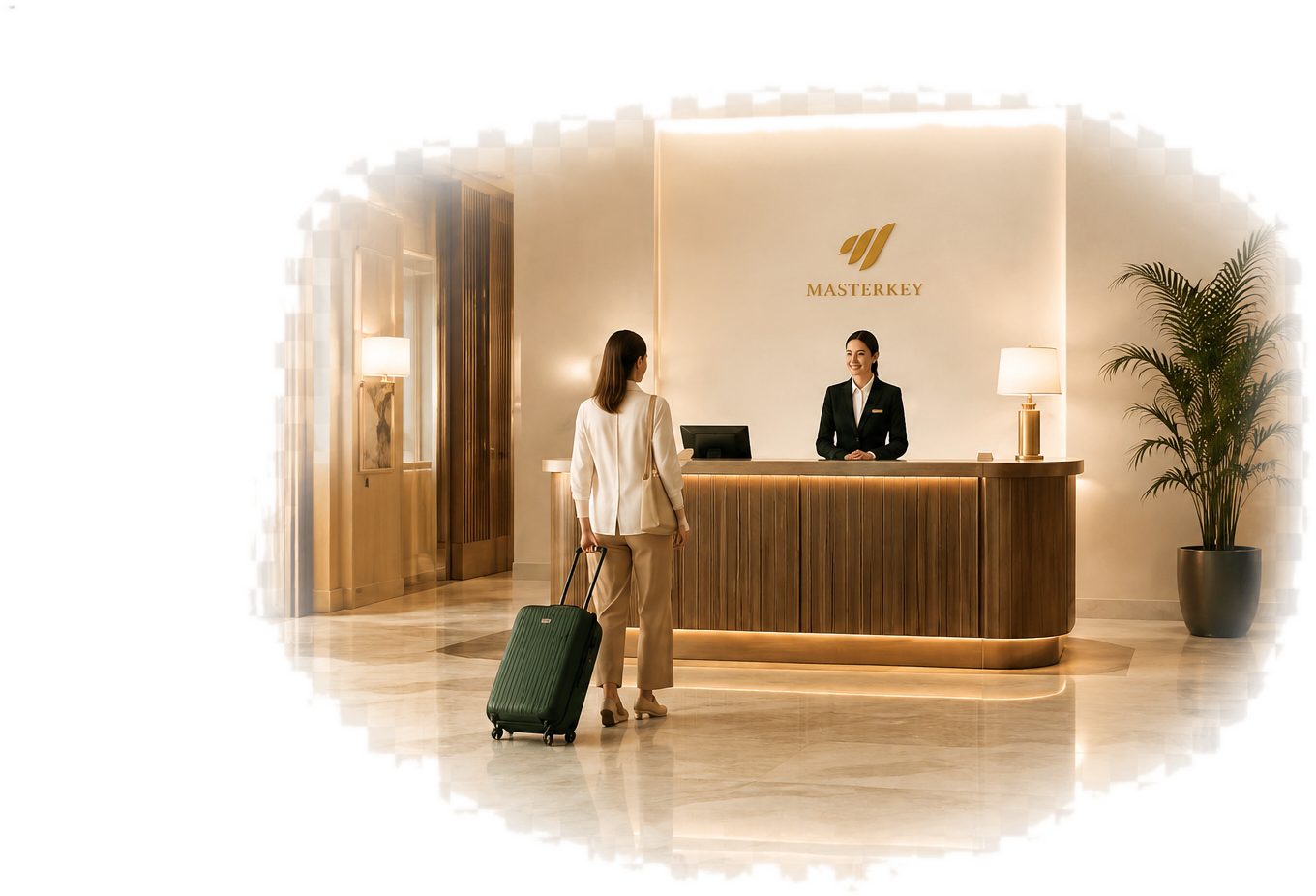 A guest arriving at a MasterKey hotel reception